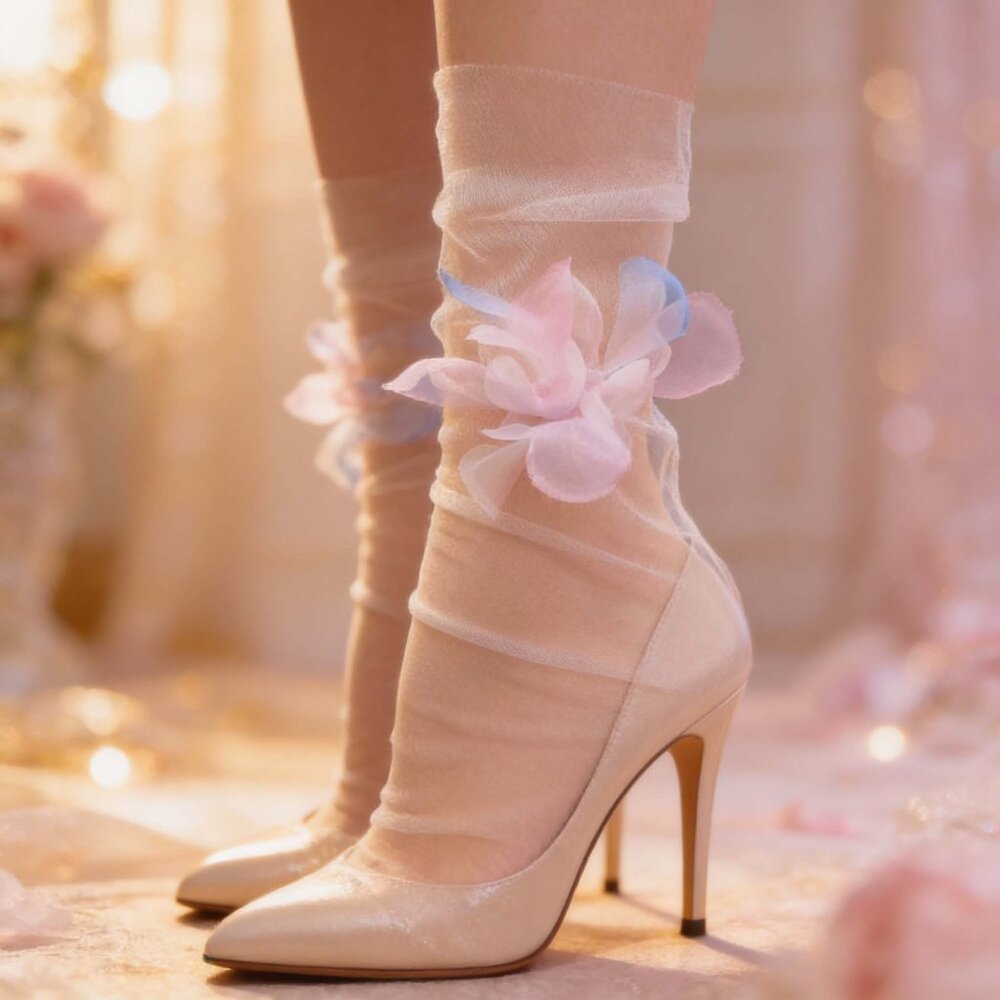 Ultra Sheer Tulle Ankle Socks w Pastel Flower Coquette Balletcore Bridal Hosiery